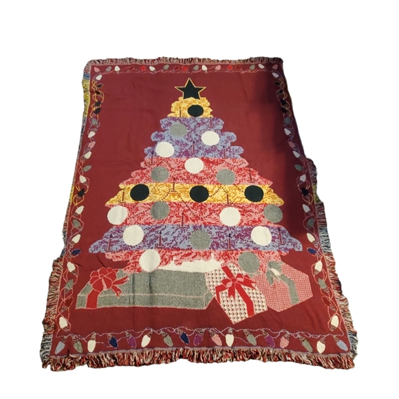 NWOT Christmas Throw Blanket Woven Christmas Tree Tapestry Afghan REVERSIBLE - Picture 2 of 3
